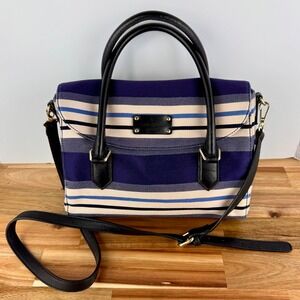 Kate Spade Satchel Striped Canvas Crossbody Shoulder Bag Womens Purse Blue Beige